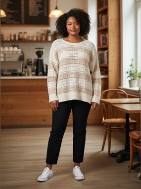 Devoted, Crochet Knit Sweater, Cream Taupe, Striped Boho Plus Size 3X, Stretch